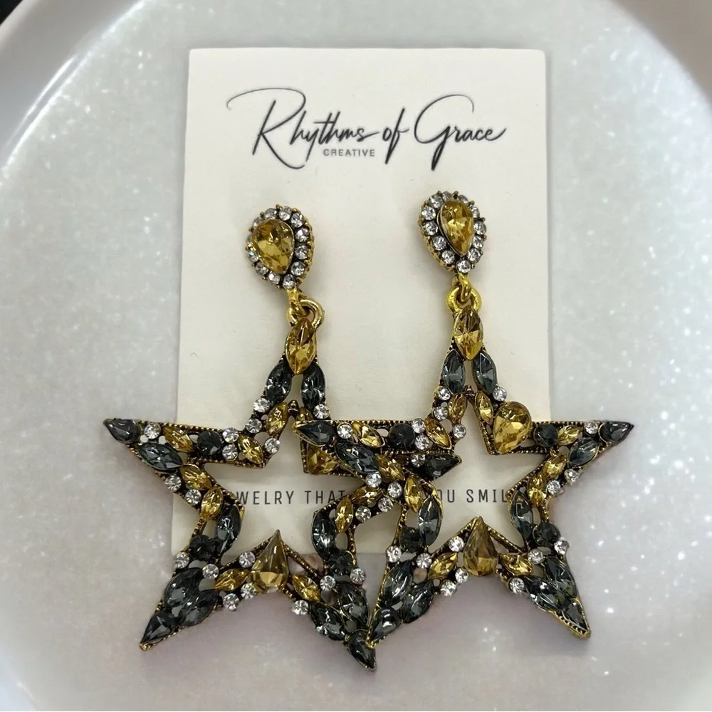 Starry Chic: Dazzling Black & Gold Star Rhinestone Earrings! NWT Dangle